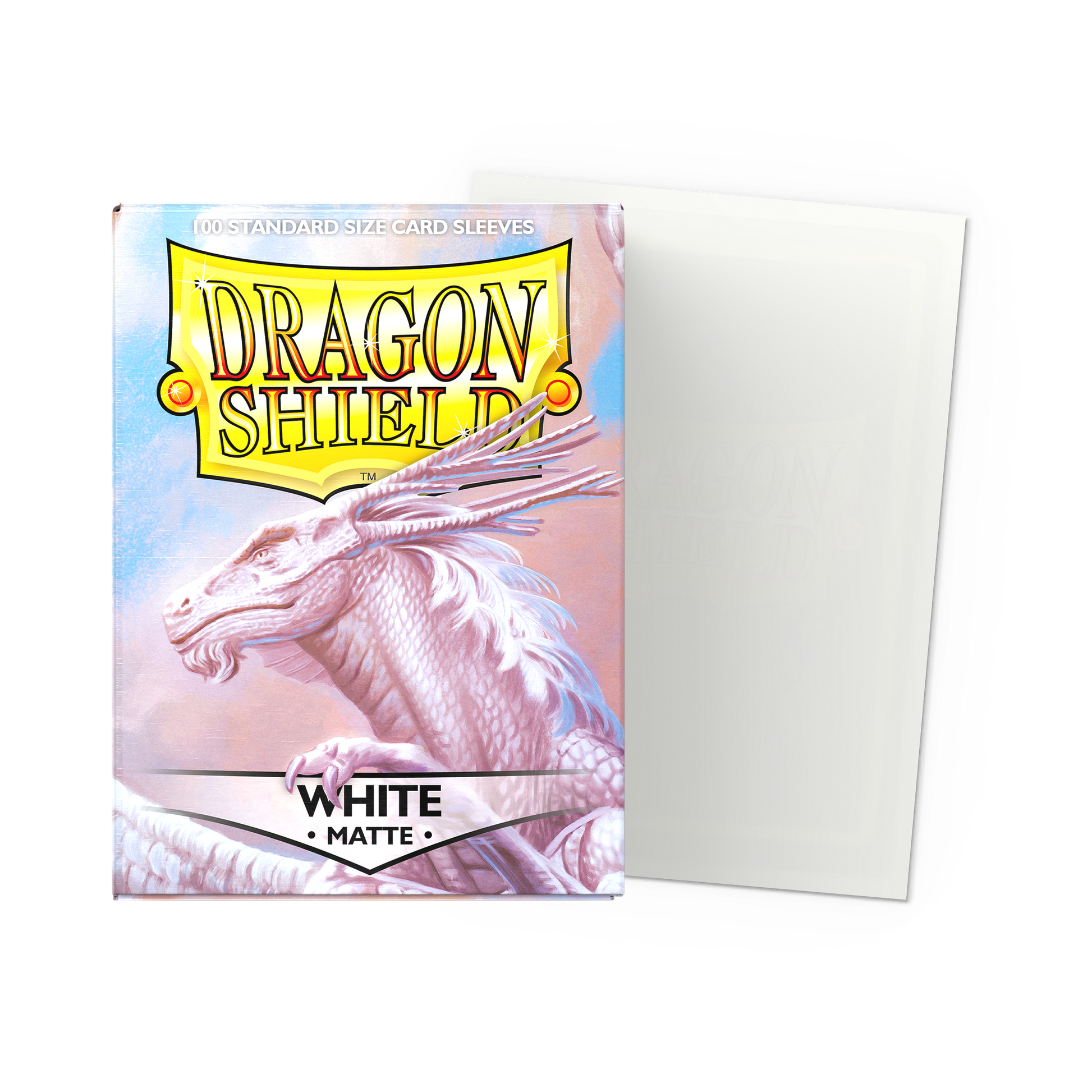 A White Matte Standard Size Card Sleeves. Brand: Dragon Shield, Item: White - Matte Sleeves.
