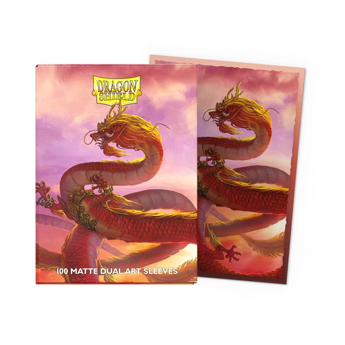 A red and gold dragon illustration on Dragon Shield Matte Dual Art Sleeves. Brand: Dragon Shield, Item: Wood Dragon 2024 - Matte Dual Art Sleeves