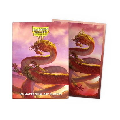 A red and gold dragon illustration on Dragon Shield Matte Dual Art Sleeves. Brand: Dragon Shield, Item: Wood Dragon 2024 - Matte Dual Art Sleeves