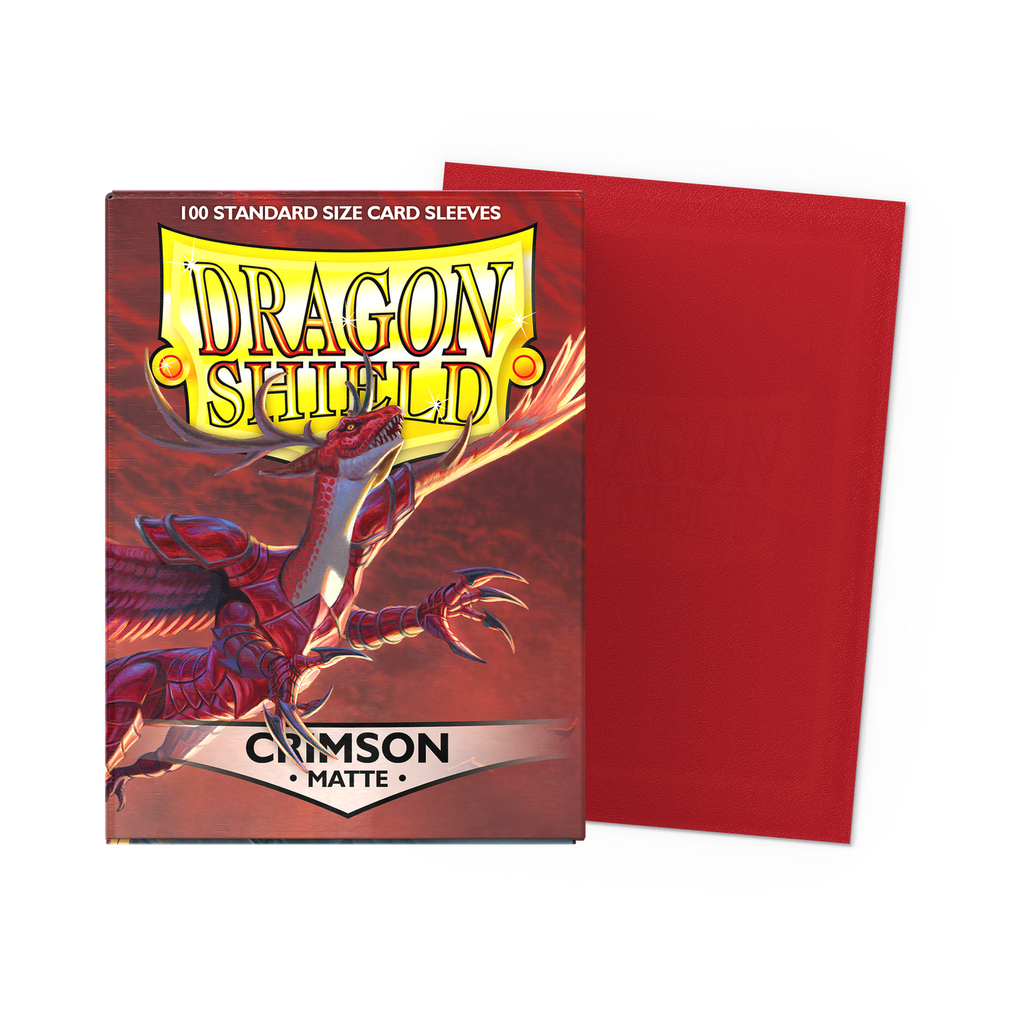 A red matte Dragon Shield standard size card sleeves box with a dragon illustration. Item: Crimson - Matte Sleeves.