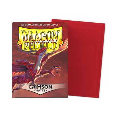 A red matte Dragon Shield standard size card sleeves box with a dragon illustration. Item: Crimson - Matte Sleeves.