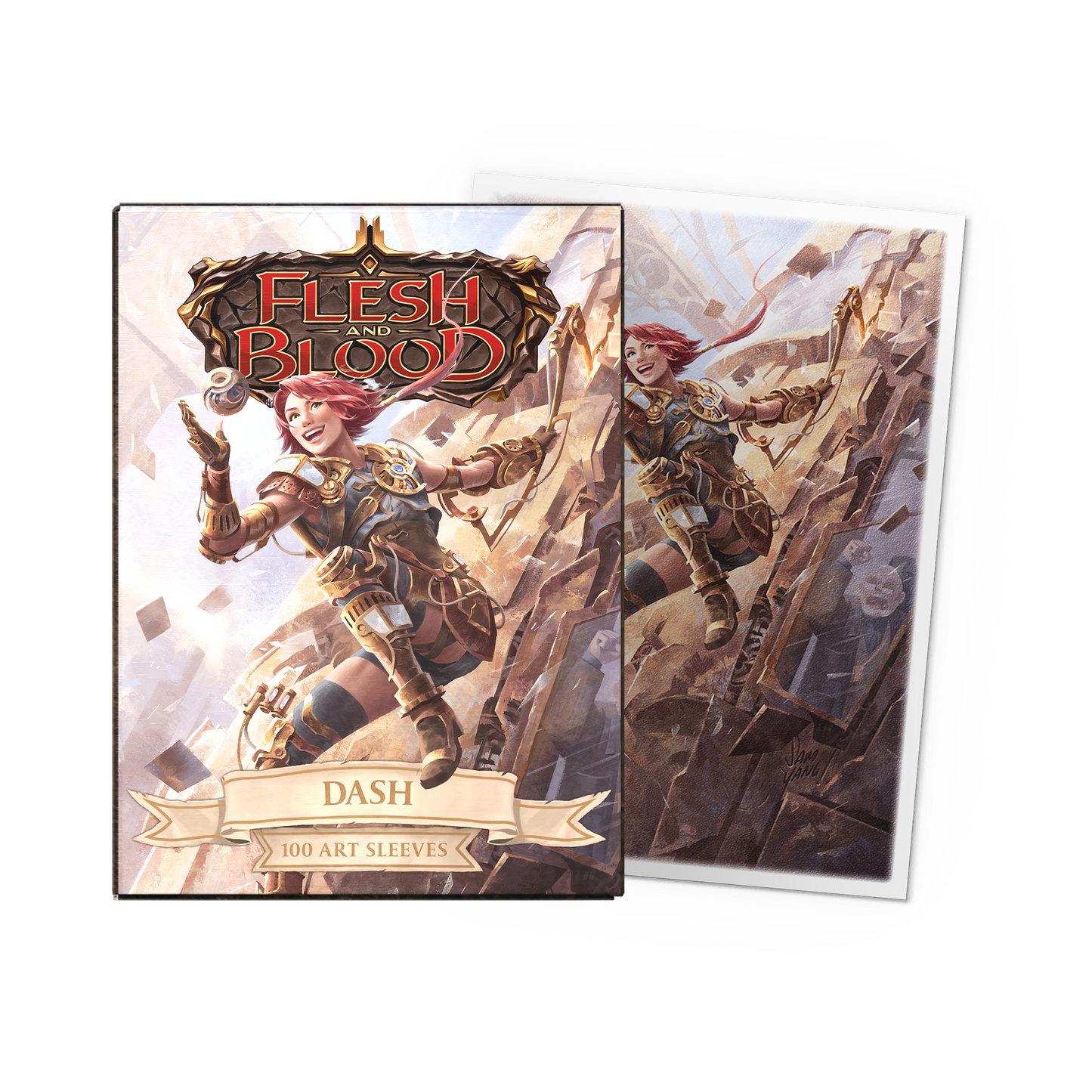 A matte art sleeve pack featuring Dash: Inventor Extraordinaire from Flesh and Blood. Brand: Dragon Shield (Dev), Item: Dash: Inventor Extraordinaire - Matte Art Sleeves.