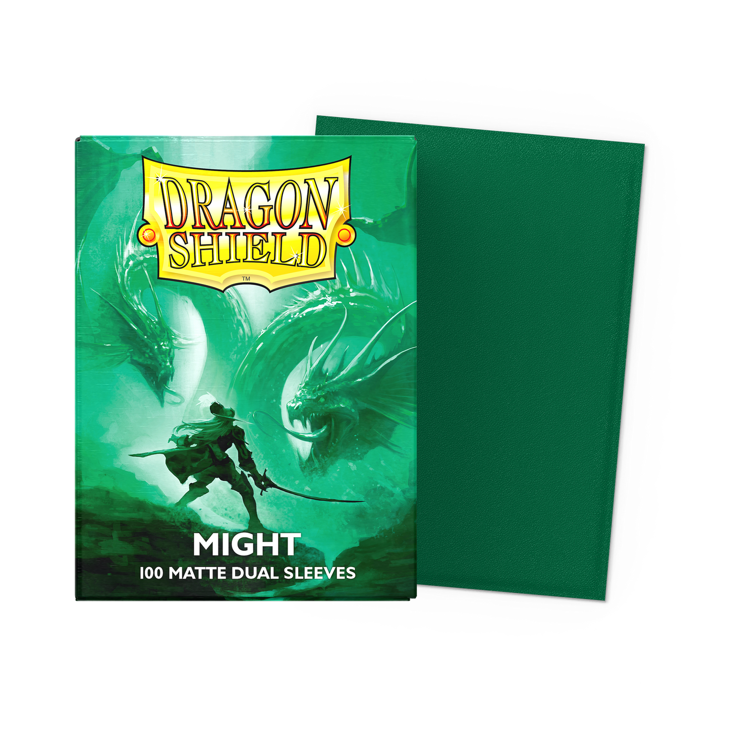 A green Matte Dual Sleeves deck box. Brand: Dragon Shield, Item: Might - Matte Dual Sleeves.
