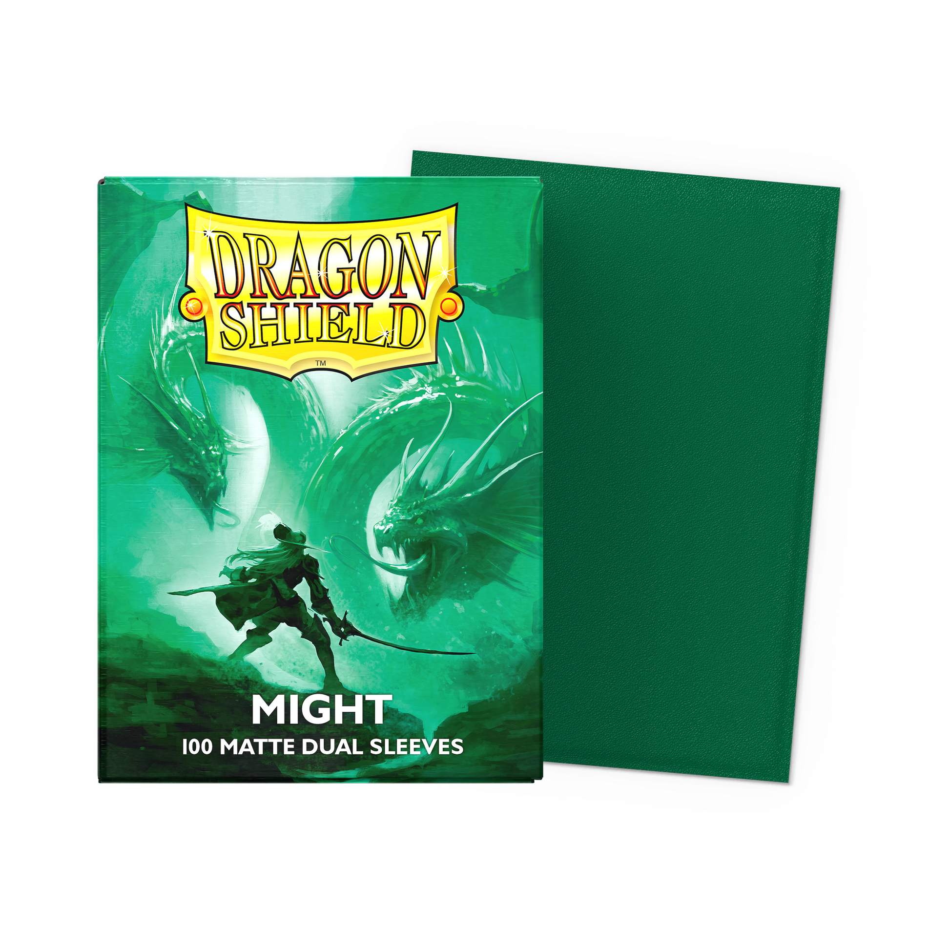 A green Matte Dual Sleeves deck box. Brand: Dragon Shield, Item: Might - Matte Dual Sleeves.