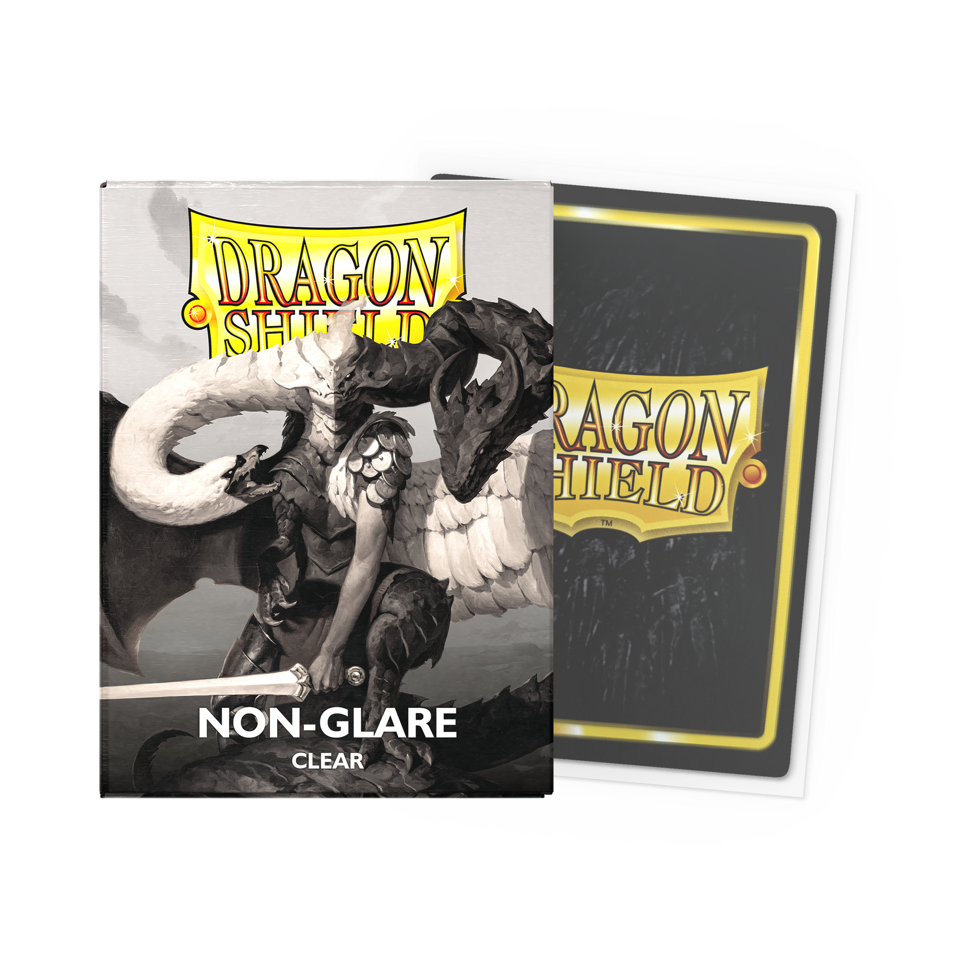 A clear, non-glare matte card sleeve featuring artwork of a dragon. Brand: Dragon Shield, Item: Clear - Non-Glare - Matte Sleeves.