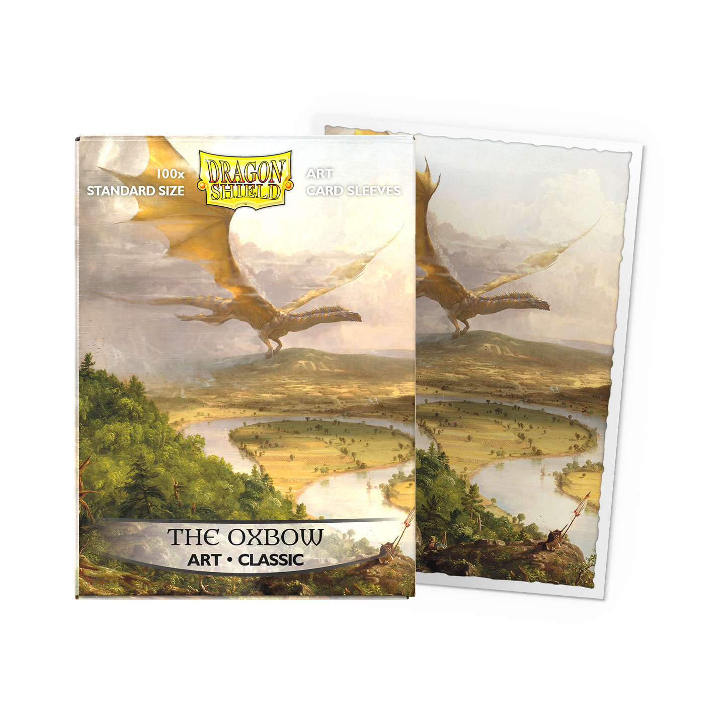 A painting of a dragon flying over a river valley, featuring Dragon Shield Art Card Sleeves. Brand: Dragon Shield, Item: The Oxbow - Classic Art Sleeves.