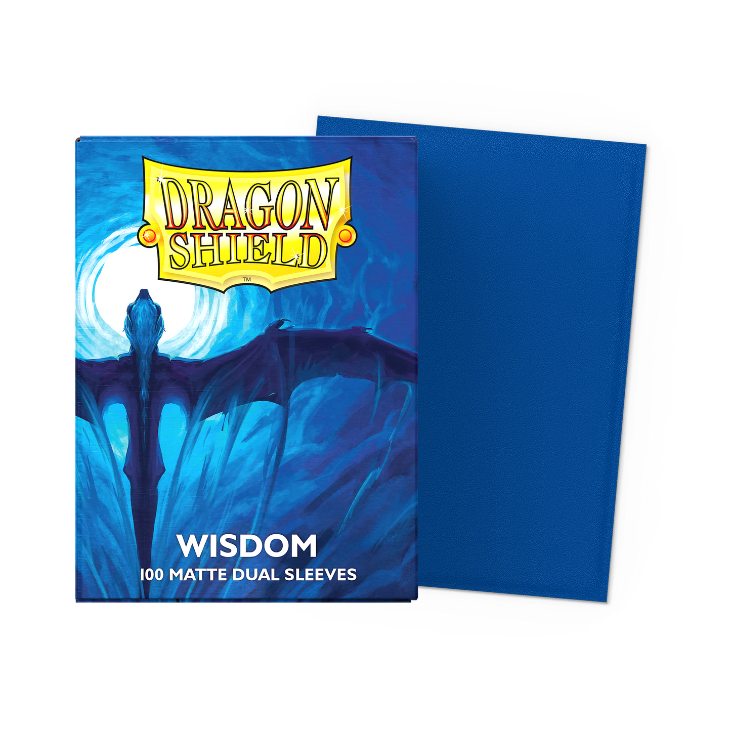 A blue Dragon Shield Wisdom Matte Dual Sleeves deck box with a dragon illustration.
