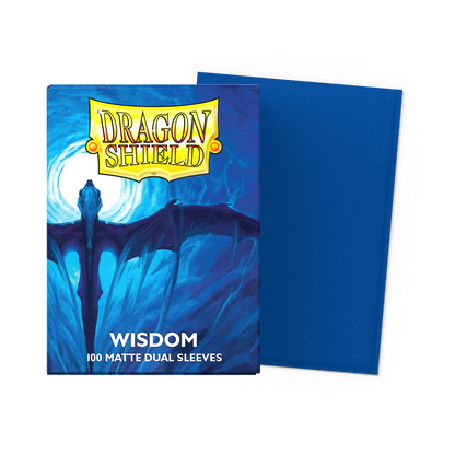 A blue Dragon Shield Wisdom Matte Dual Sleeves deck box with a dragon illustration.