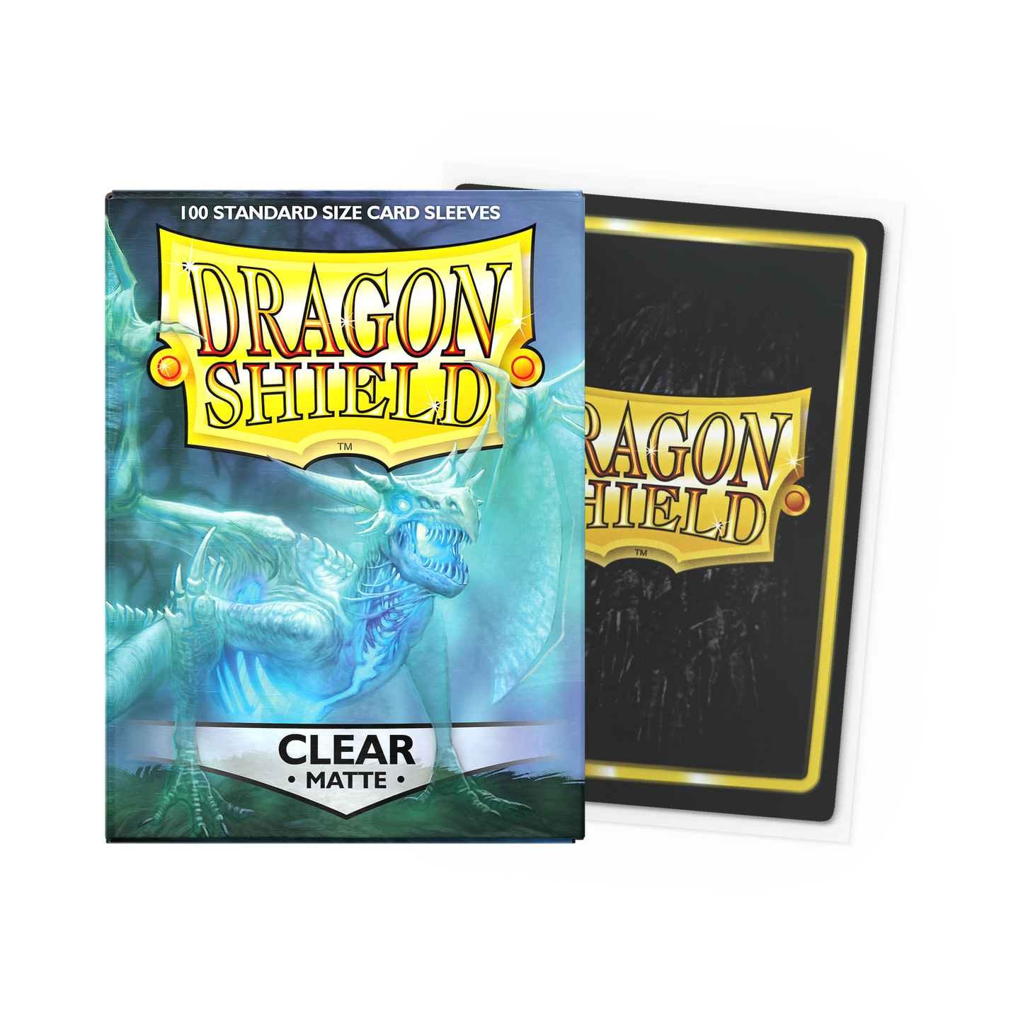 A clear matte standard size card sleeves. Brand: Dragon Shield, Item: Clear - Matte Sleeves