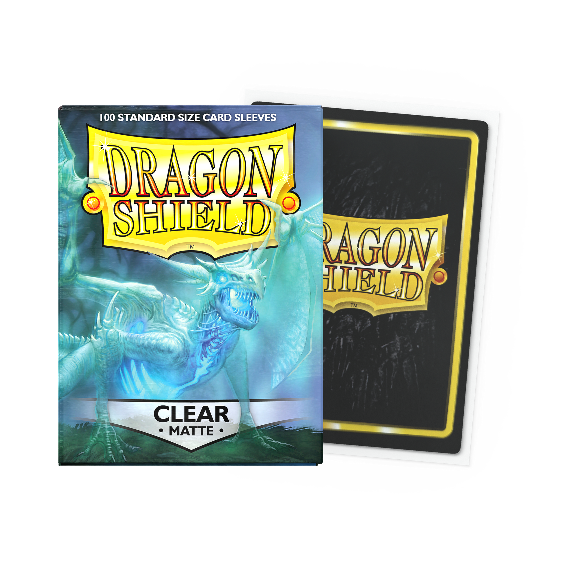 A clear matte standard size card sleeves. Brand: Dragon Shield, Item: Clear - Matte Sleeves