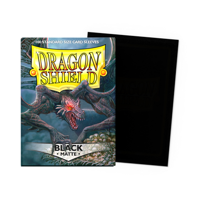 A black matte standard size card sleeve pack. Brand: Dragon Shield, Item: Black Matte Sleeves.