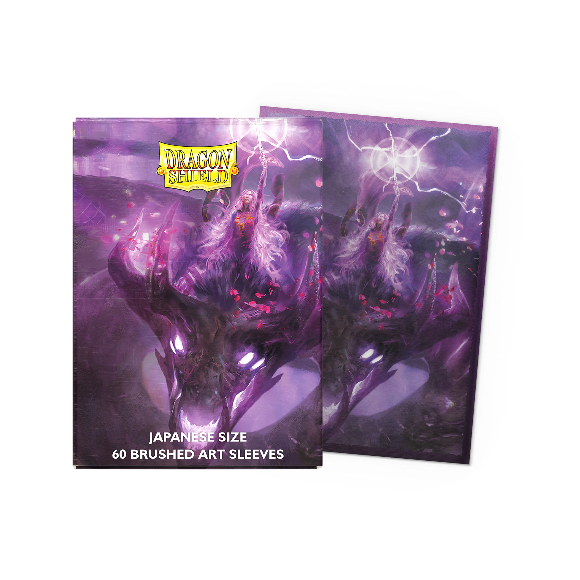 A purple and pink fantasy art Dragon Shield Japanese size card sleeves featuring a warrior riding a dragon, with text "JAPANESE SIZE 60 BRUSHED ART SLEEVES".