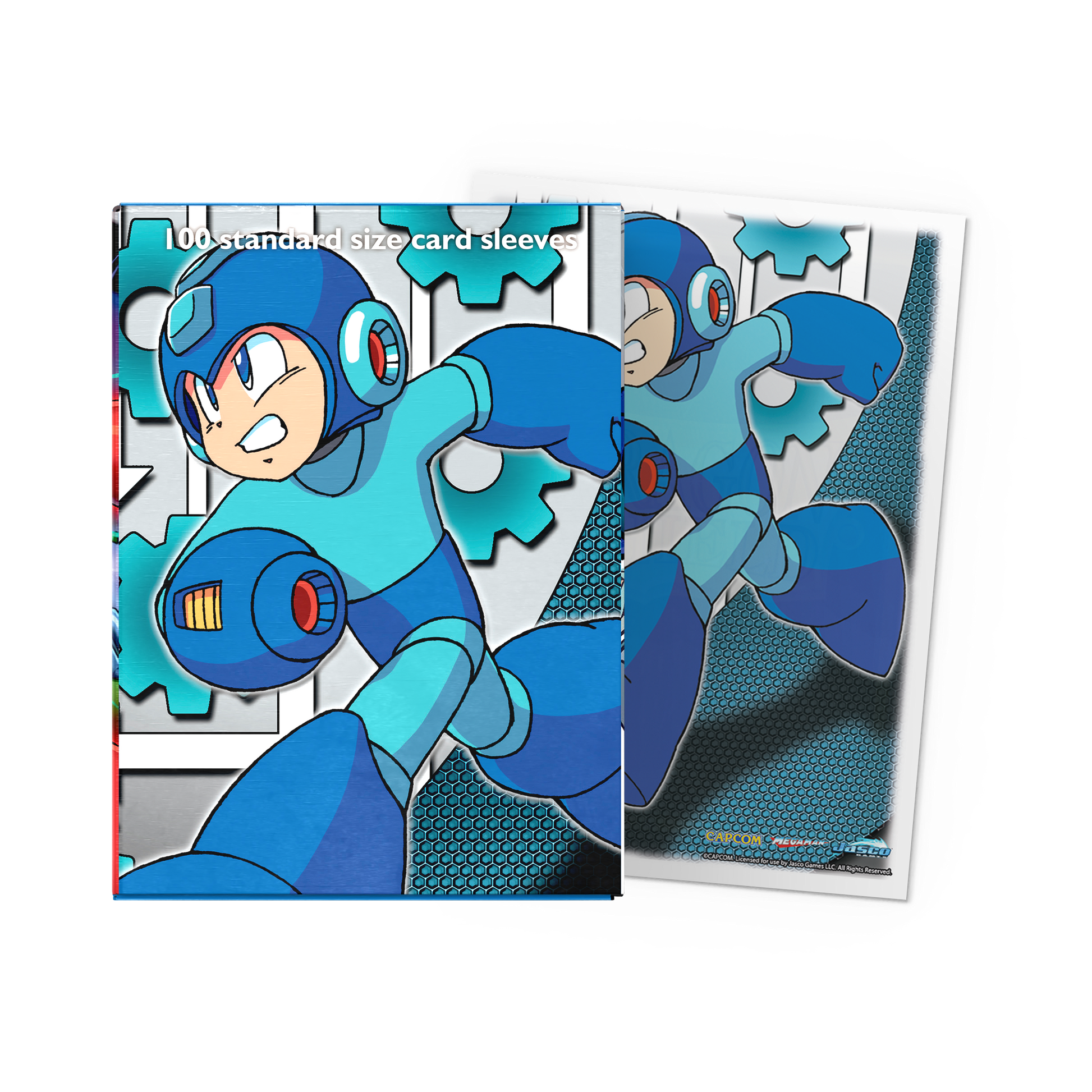 A blue Mega Man Classic Art card sleeves. Brand: Dragon Shield (Dev), Item: Mega Man - Classic Art Sleeves.
