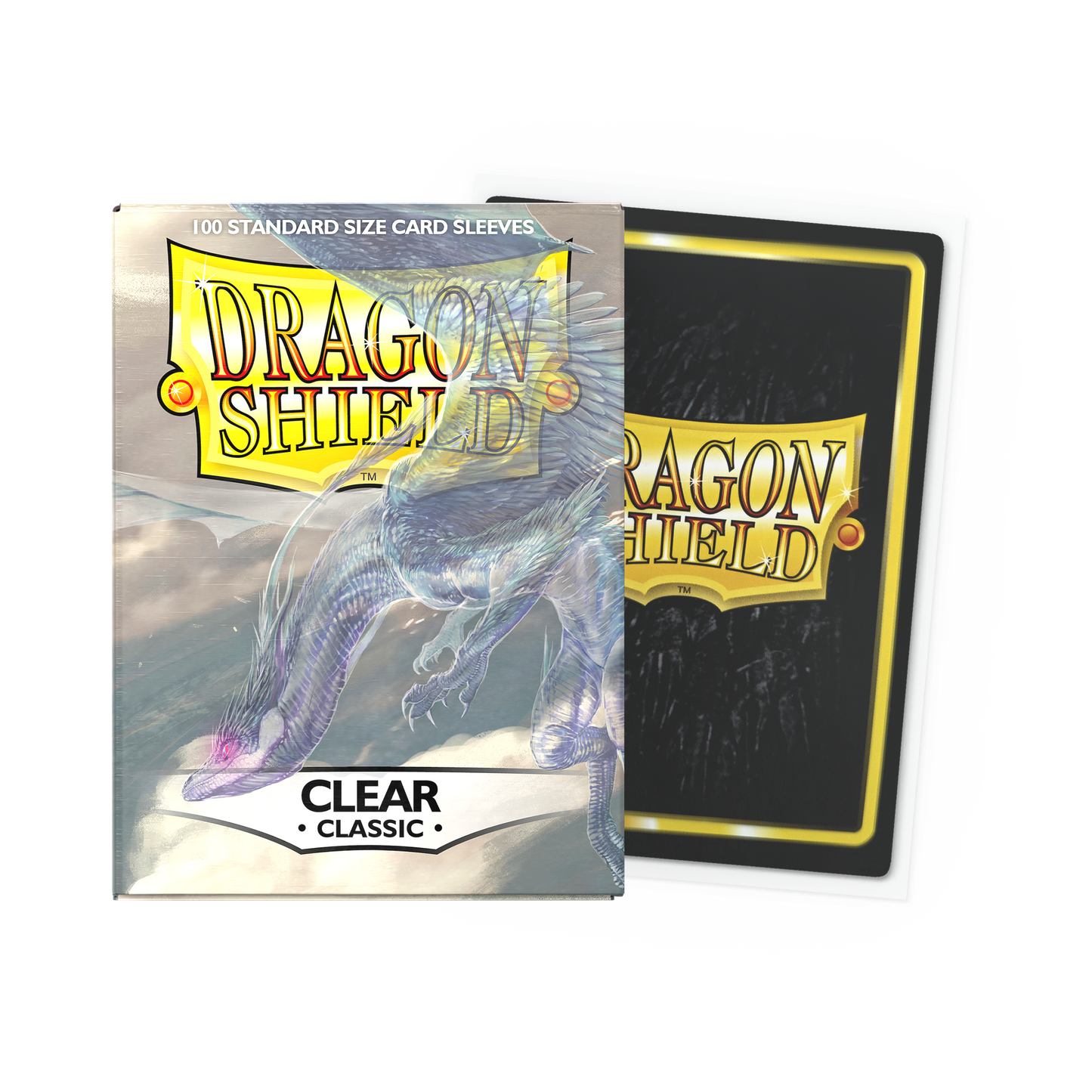 A clear Dragon Shield card sleeves pack featuring a dragon illustration. Brand: Dragon Shield, Item: Clear - Classic Sleeves.