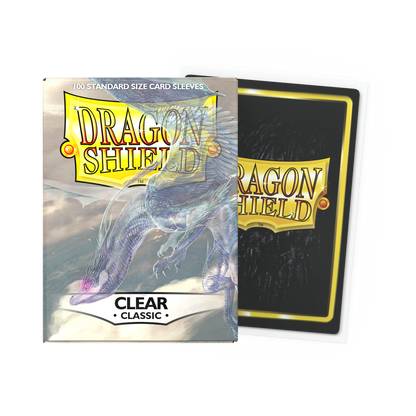 A clear Dragon Shield card sleeves pack featuring a dragon illustration. Brand: Dragon Shield, Item: Clear - Classic Sleeves.