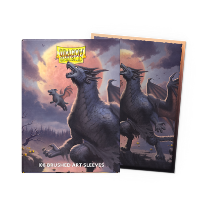 A Brushed Art Standard Sleeve Pack featuring a Halloween 2023 design with dragons and a moon. Brand: Dragon Shield, Item: Halloween 2023 - Brushed Art Sleeves.