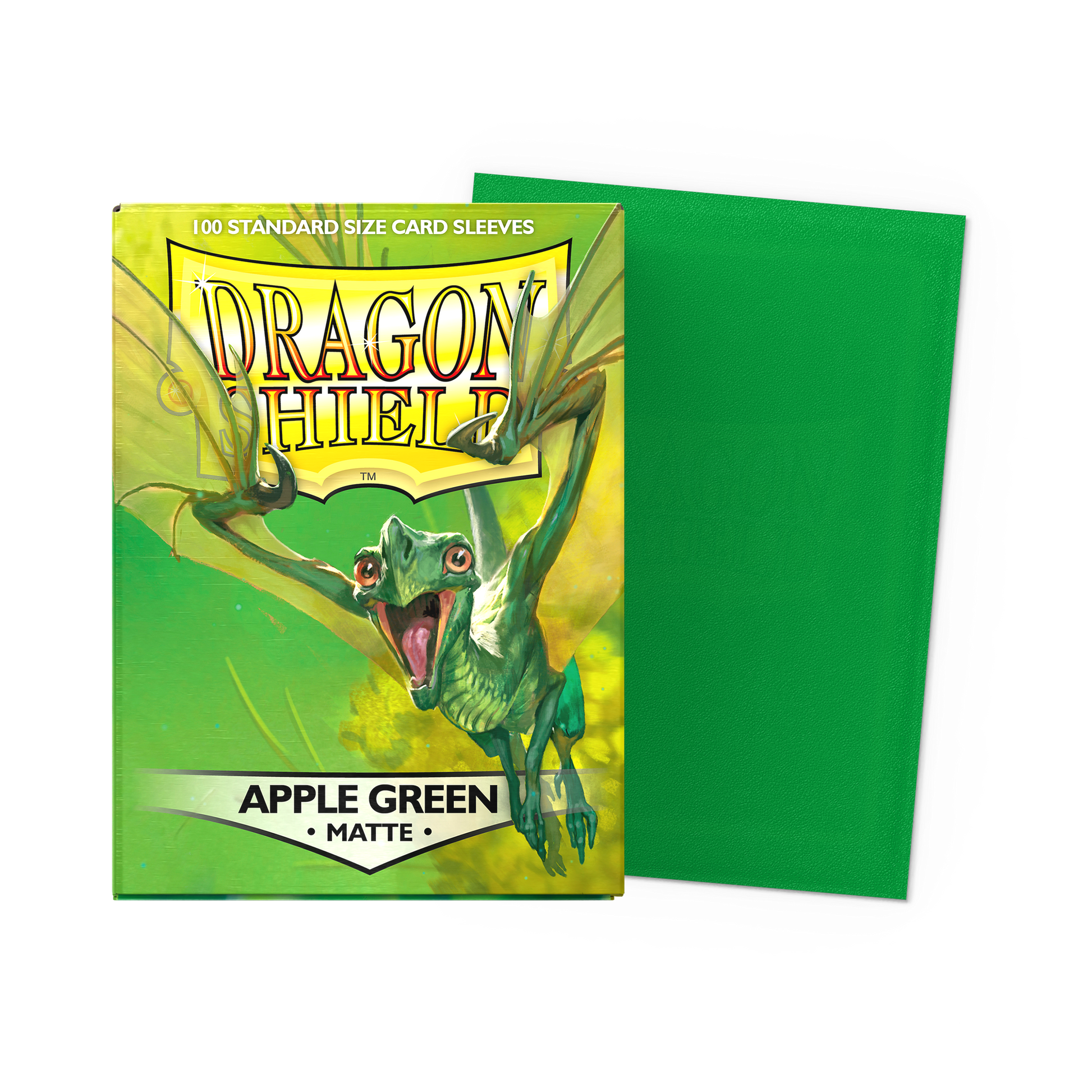 A green matte Dragon Shield standard size card sleeves. Brand: Dragon Shield, Item: Apple Green - Matte Sleeves.
