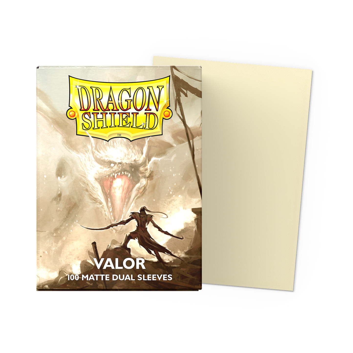 A beige Dragon Shield Valor Matte Dual Sleeves deck box with artwork of a dragon and a warrior.