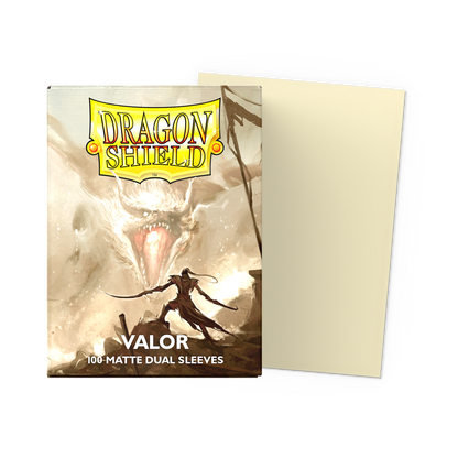 A beige Dragon Shield Valor Matte Dual Sleeves deck box with artwork of a dragon and a warrior.