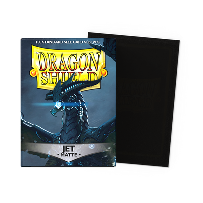 A black matte Dragon Shield standard size card sleeves. Brand: Dragon Shield, Item: Jet Matte Sleeves.