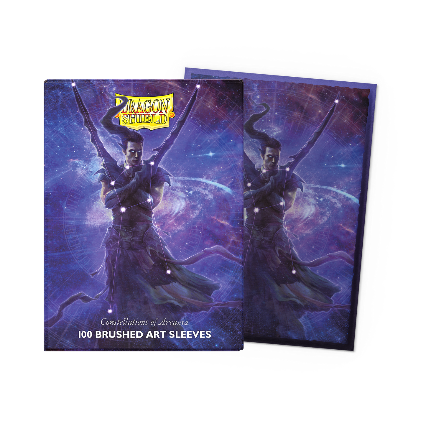 A blue and purple fantasy art Dragon Shield card sleeve pack featuring a warrior constellation. Item: Alaric - Constellations - Brushed Art Sleeves.