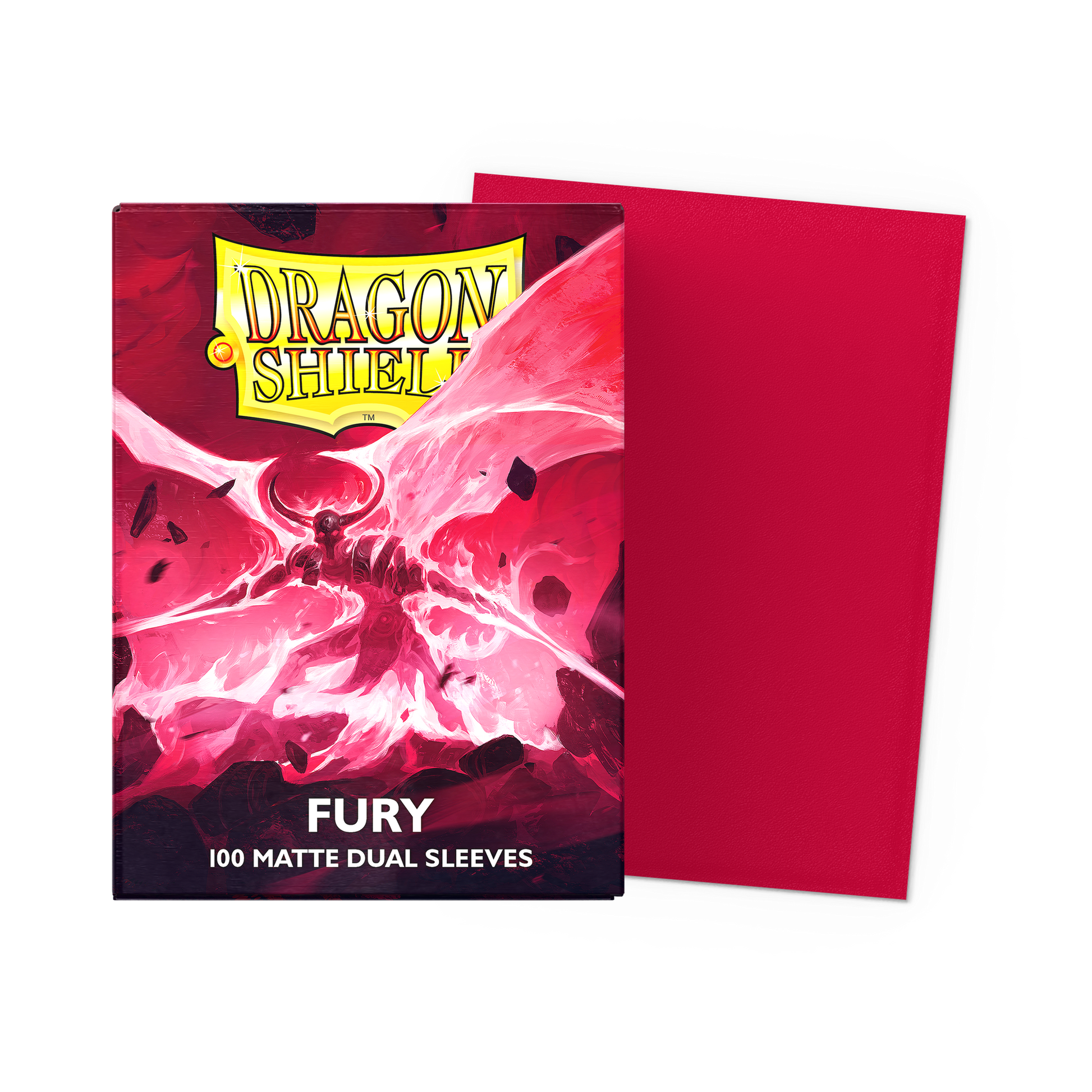 A red Dragon Shield Fury Matte Dual Sleeves deck box with a fiery demon illustration.