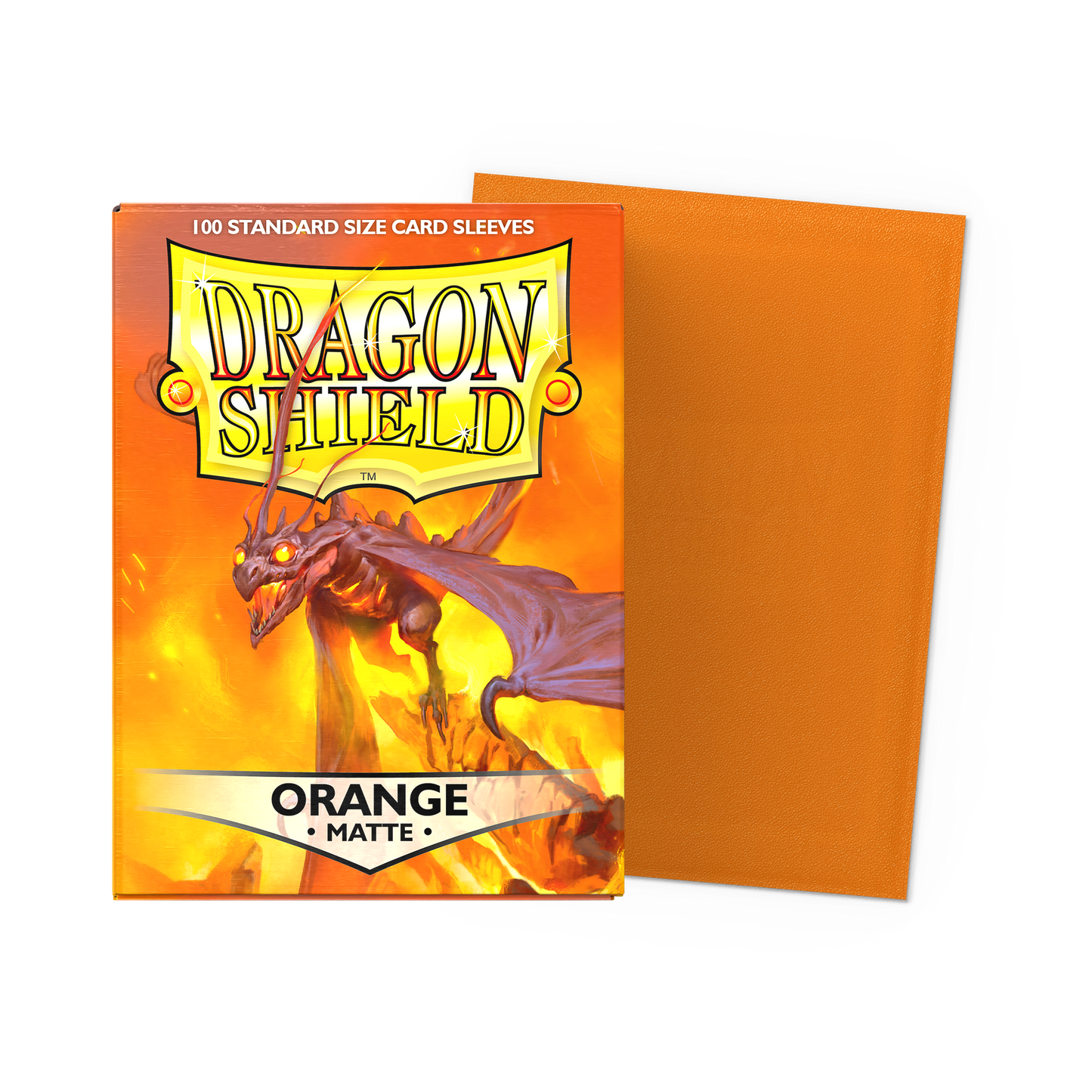 A matte orange Dragon Shield standard size card sleeves pack with a dragon illustration.