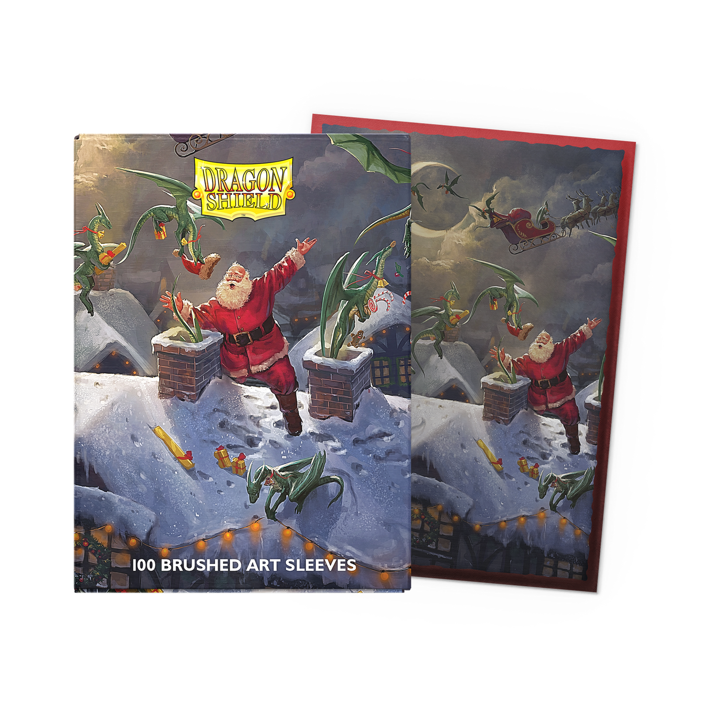 A Brushed Art Standard Sleeve Pack featuring Santa and dragons. Brand: Dragon Shield, Item: Christmas 2023 - Brushed Art Sleeves.