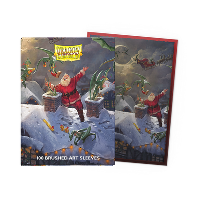 A Brushed Art Standard Sleeve Pack featuring Santa and dragons. Brand: Dragon Shield, Item: Christmas 2023 - Brushed Art Sleeves.