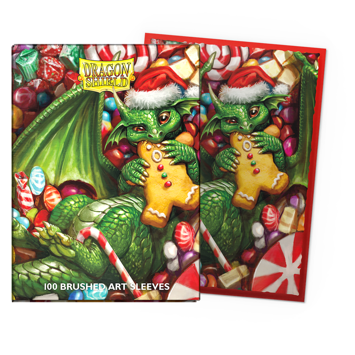 A Christmas-themed green dragon surrounded by candy, holding a gingerbread man. Dragon Shield Brushed Art Sleeves.
