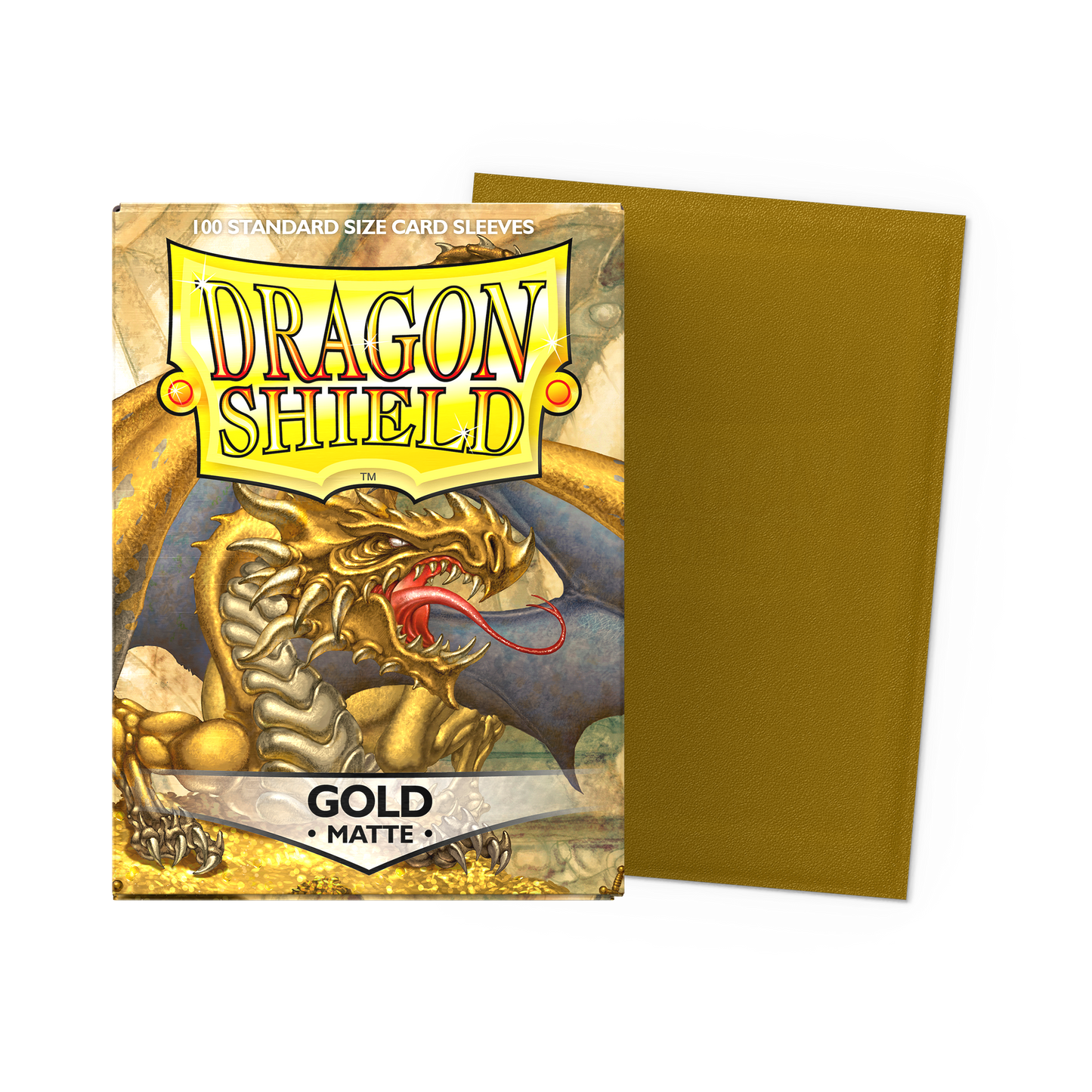 A Gold Matte Standard Size Card Sleeve Pack. Brand: Dragon Shield, Item: Gold - Matte Sleeves.