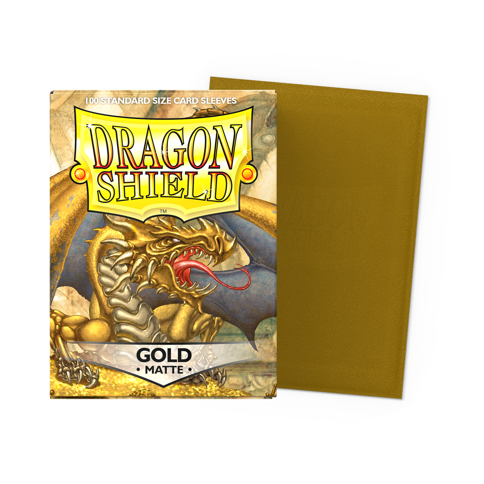 A Gold Matte Standard Size Card Sleeve Pack. Brand: Dragon Shield, Item: Gold - Matte Sleeves.