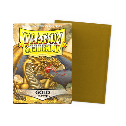 A Gold Matte Standard Size Card Sleeve Pack. Brand: Dragon Shield, Item: Gold - Matte Sleeves.