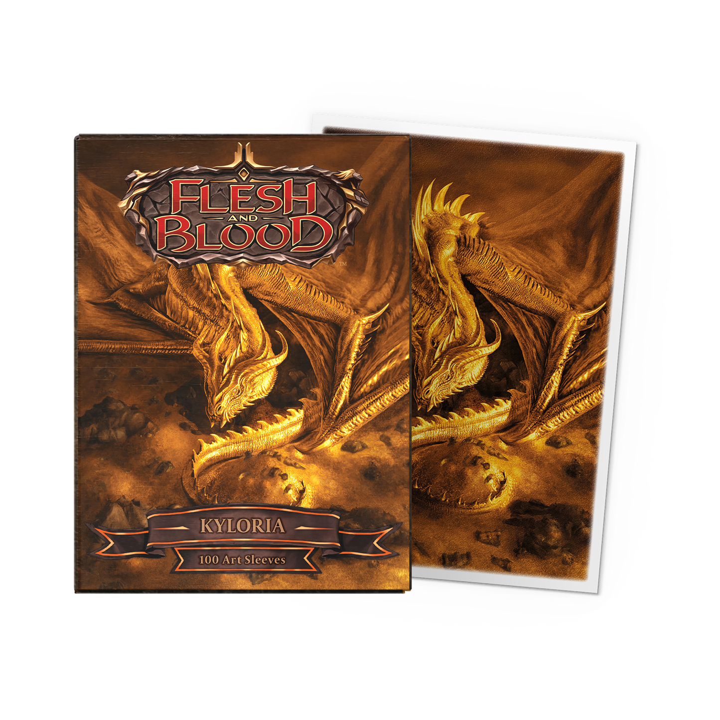 A golden dragon art sleeve pack for Flesh and Blood. Brand: Dragon Shield, Item: Kyloria - Matte Art Sleeves.