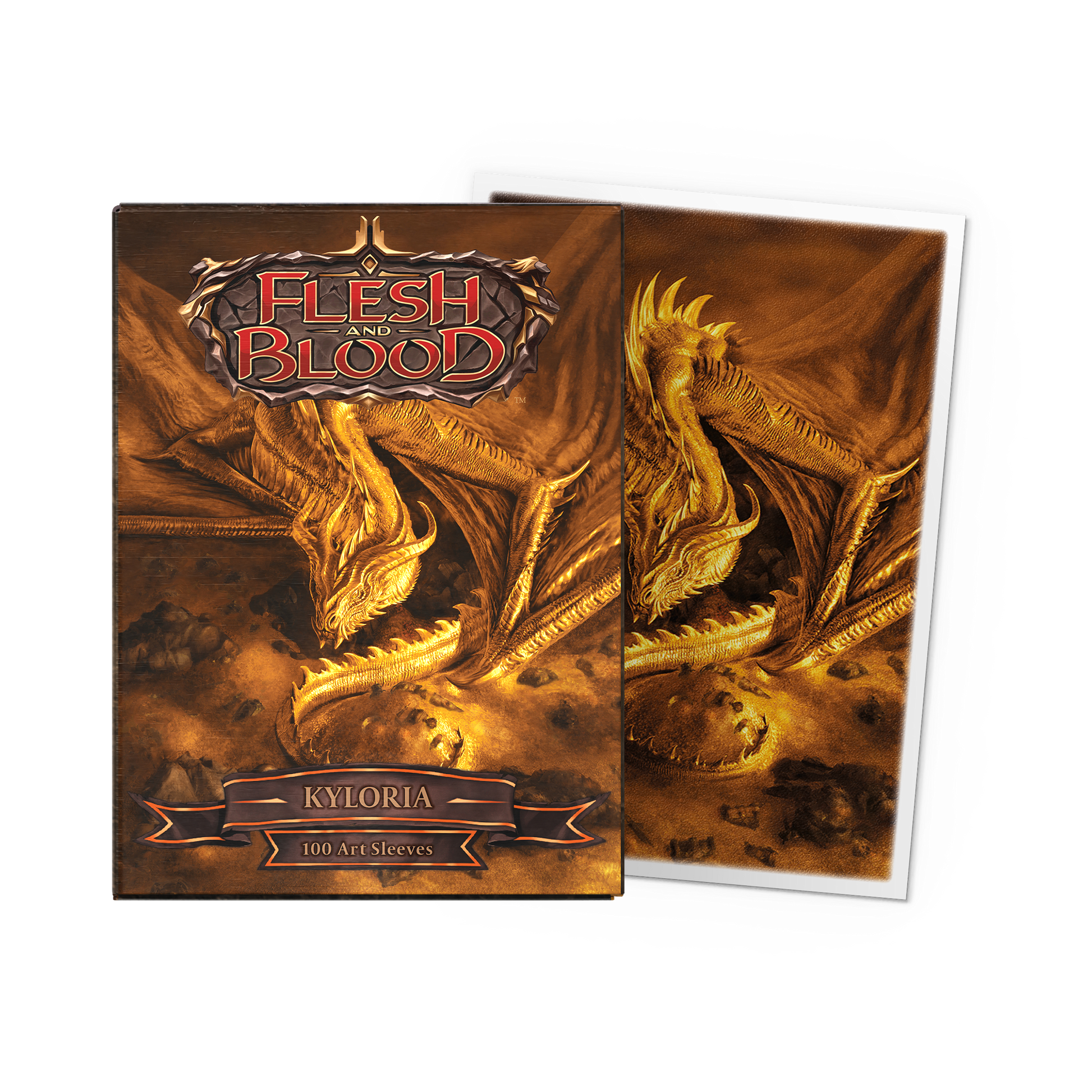 A golden dragon art sleeve pack for Flesh and Blood. Brand: Dragon Shield, Item: Kyloria - Matte Art Sleeves.