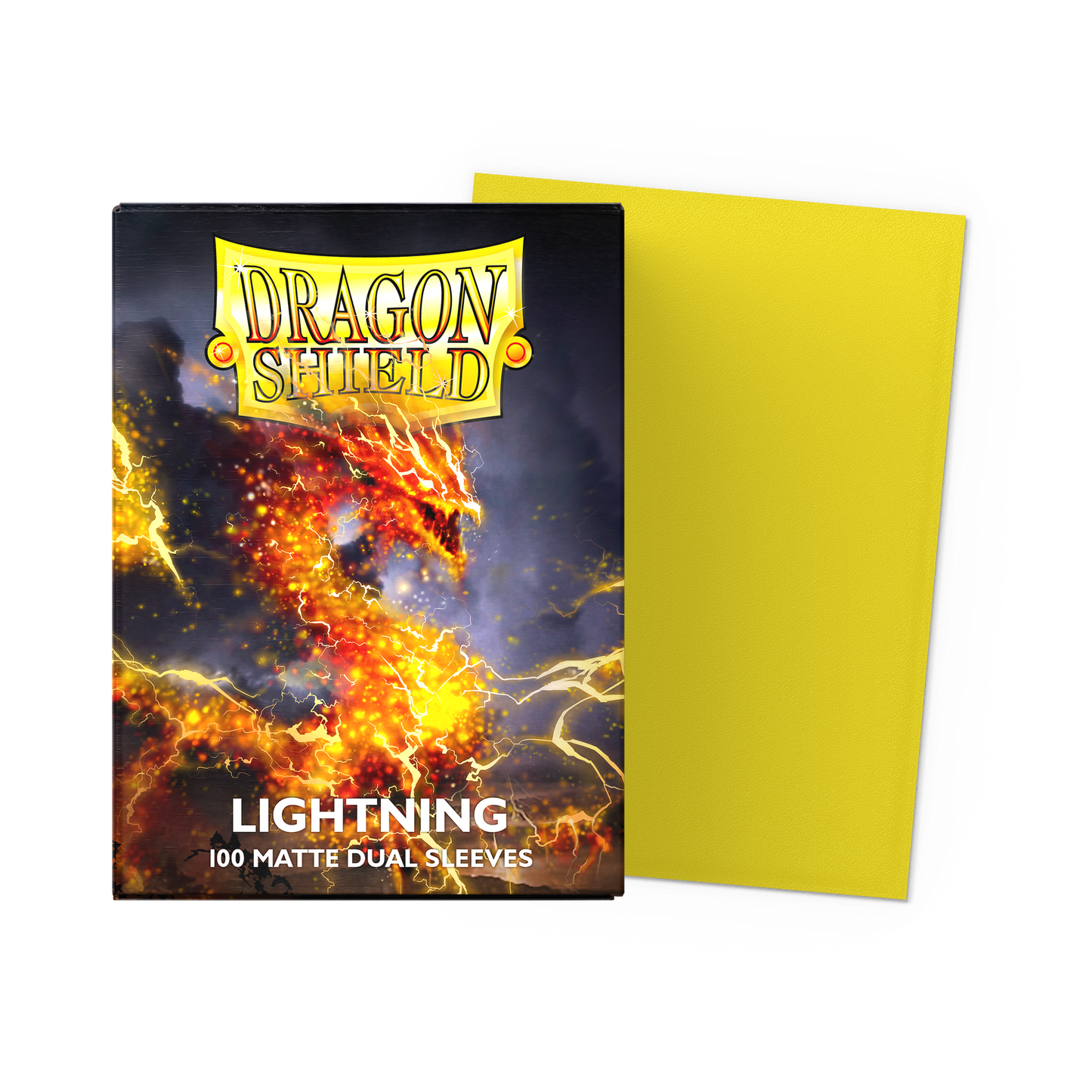 A yellow Dragon Shield Lightning Matte Dual Sleeves deck box with a dragon graphic.