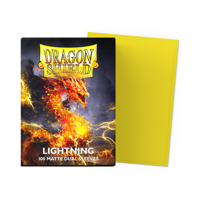 A yellow Dragon Shield Lightning Matte Dual Sleeves deck box with a dragon graphic.