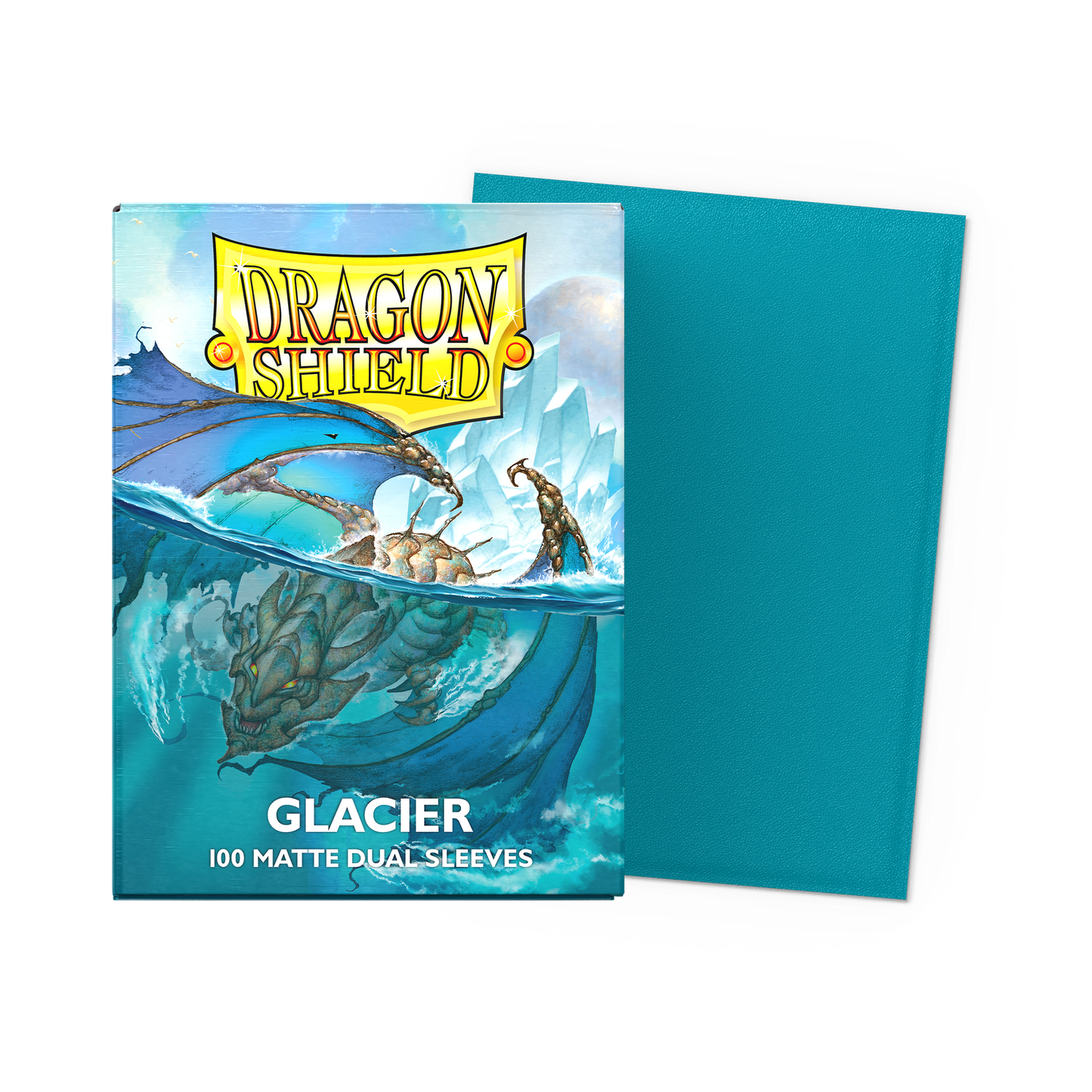 A teal Dragon Shield Glacier Matte Dual Sleeves deck box with a dragon illustration.