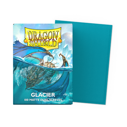 A teal Dragon Shield Glacier Matte Dual Sleeves deck box with a dragon illustration.
