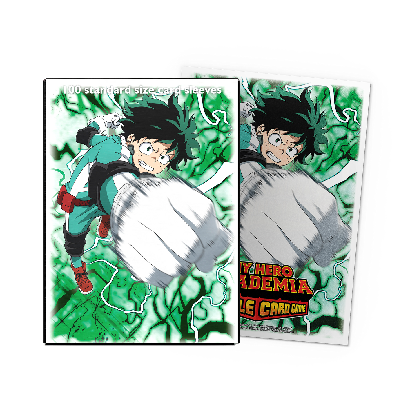 A green and white My Hero Academia themed card sleeves featuring Deku. Brand: Dragon Shield (Dev), Item: Deku - Matte Art Sleeves.