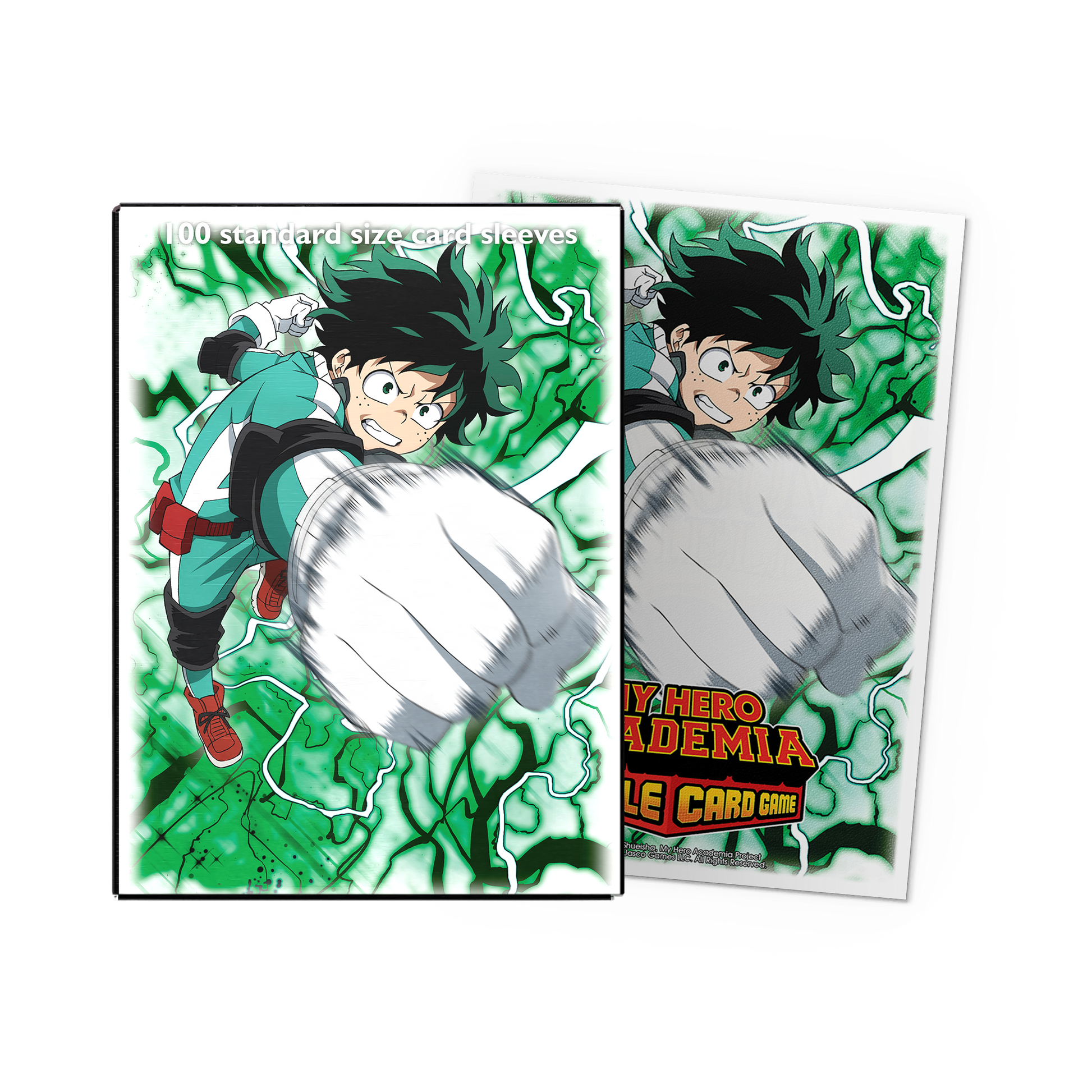 A green and white My Hero Academia themed card sleeves featuring Deku. Brand: Dragon Shield (Dev), Item: Deku - Matte Art Sleeves.