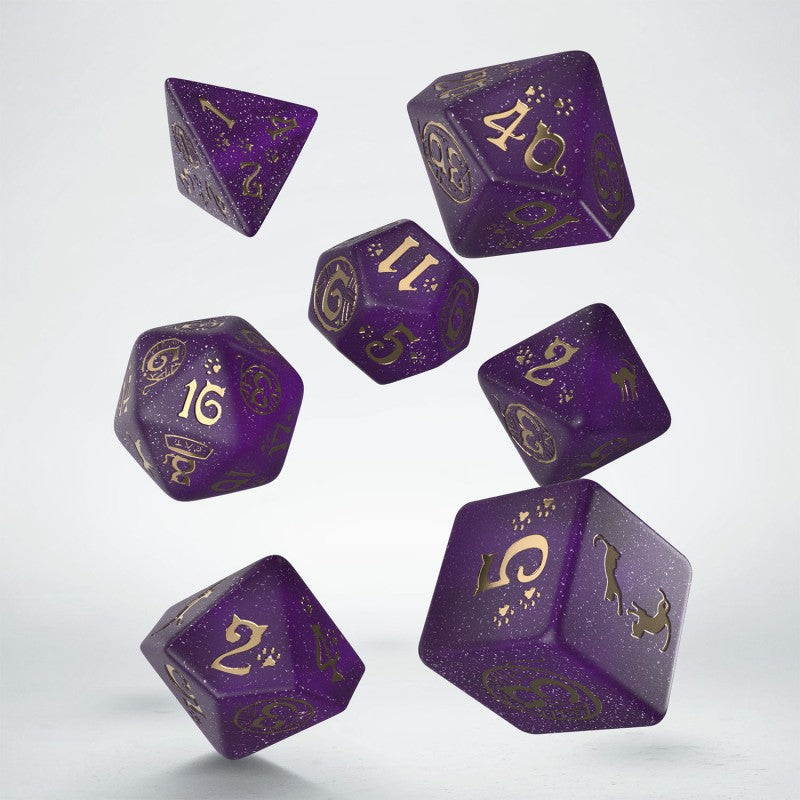 Q-Workshop CATS Dice Set: Purrito – shimmering purple with gold RPG dice – Flip Tap Win TCG, Saline MI