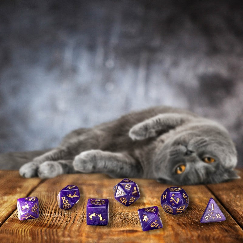 Q-Workshop CATS Dice Set: Purrito – shimmering purple with gold RPG dice – Flip Tap Win TCG, Saline MI