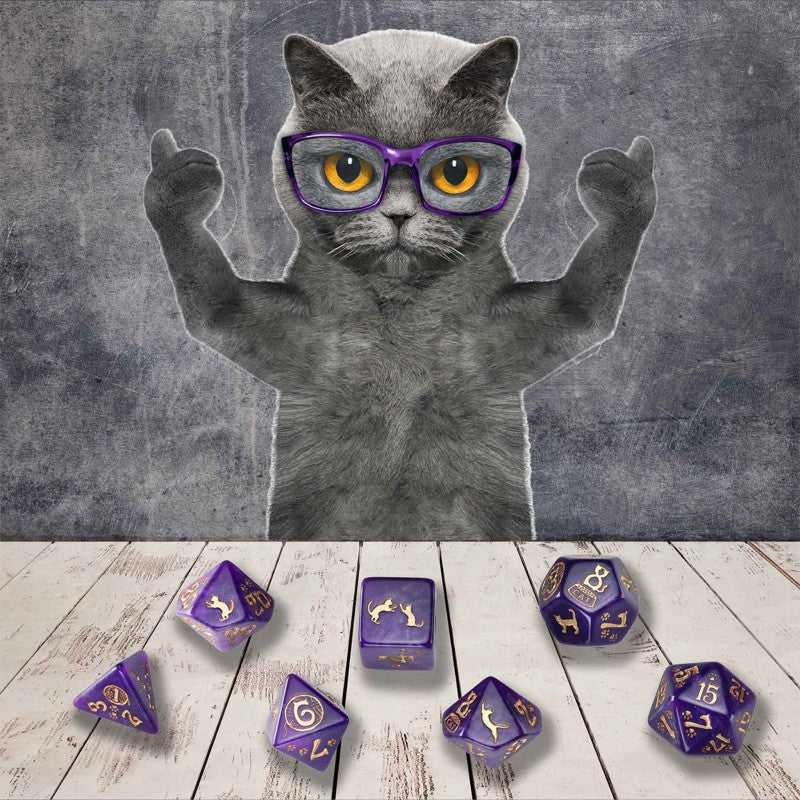 Q-Workshop CATS Dice Set: Purrito – shimmering purple with gold RPG dice – Flip Tap Win TCG, Saline MI