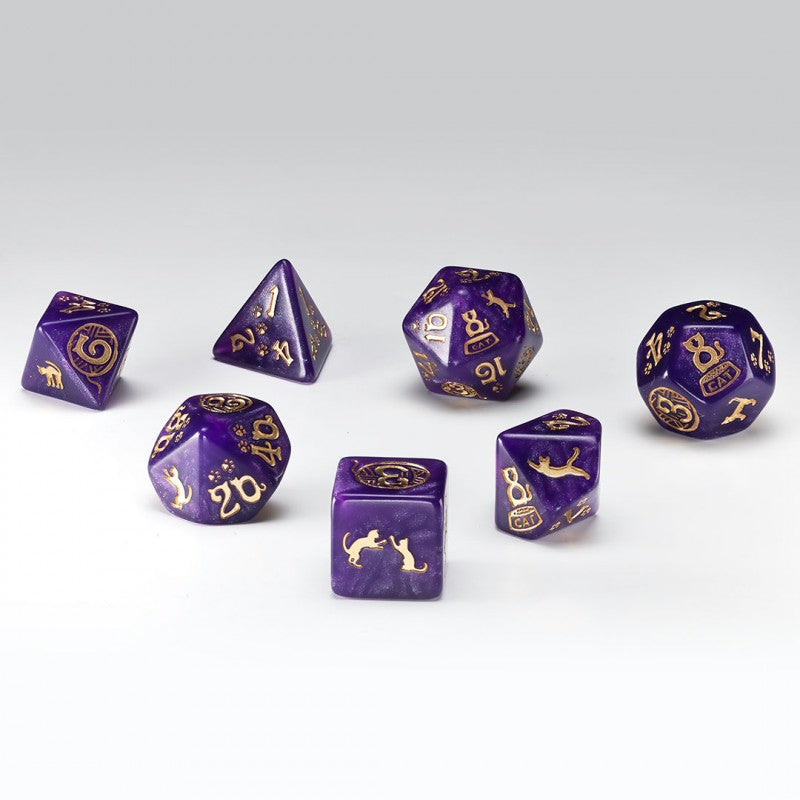 Q-Workshop CATS Dice Set: Purrito – shimmering purple with gold RPG dice – Flip Tap Win TCG, Saline MI