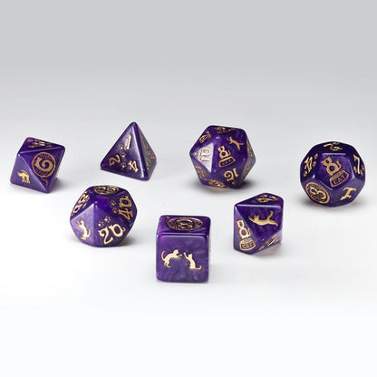 Q-Workshop CATS Dice Set: Purrito – shimmering purple with gold RPG dice – Flip Tap Win TCG, Saline MI
