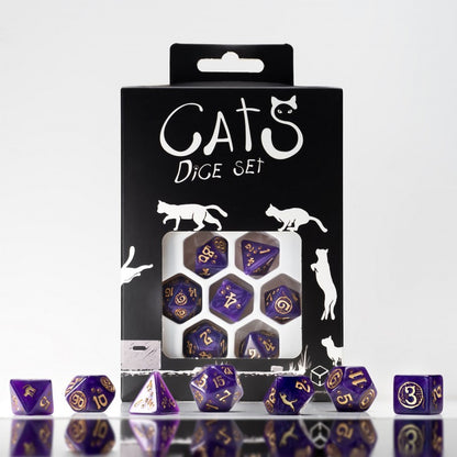 Q-Workshop CATS Dice Set: Purrito – shimmering purple with gold RPG dice – Flip Tap Win TCG, Saline MI