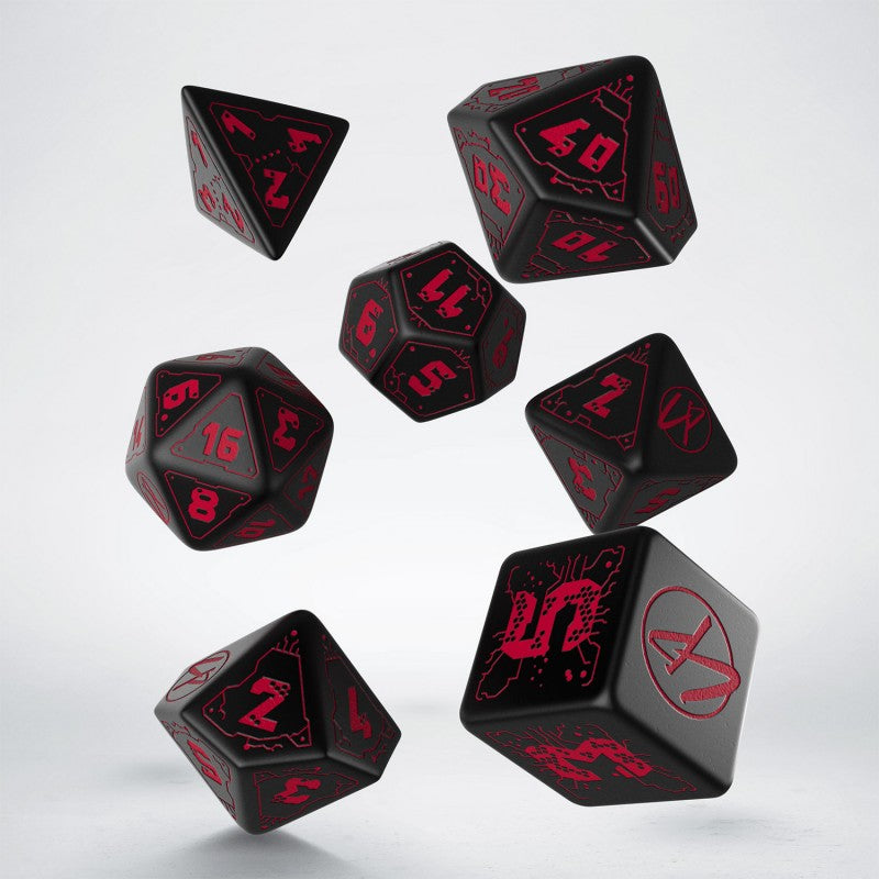 Q-Workshop Cyberpunk Red Dice Set: Blood over Chrome – black with red RPG dice – Flip Tap Win TCG, Saline MI