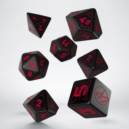 Q-Workshop Cyberpunk Red Dice Set: Blood over Chrome – black with red RPG dice – Flip Tap Win TCG, Saline MI