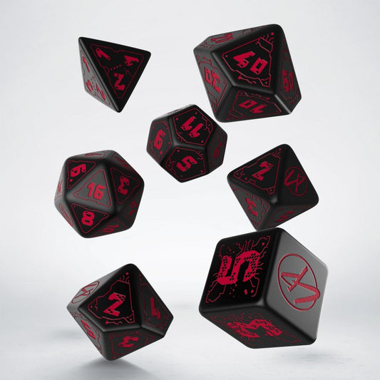 Q-Workshop Cyberpunk Red Dice Set: Blood over Chrome – black with red RPG dice – Flip Tap Win TCG, Saline MI